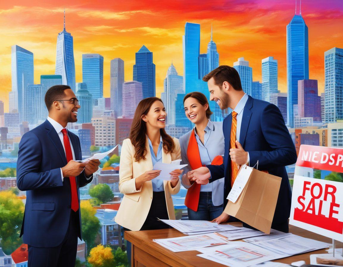 A vibrant scene depicting a diverse group of joyful realtors enthusiastically assisting first-time buyers and sellers in a bustling real estate market. The background features a dynamic city skyline with 'For Sale' signs prominently displayed. Incorporate elements of negotiation, such as paperwork and friendly discussions. Add a sense of warmth and optimism with bright colors and smiles all around. super-realistic. vibrant colors. energetic atmosphere.