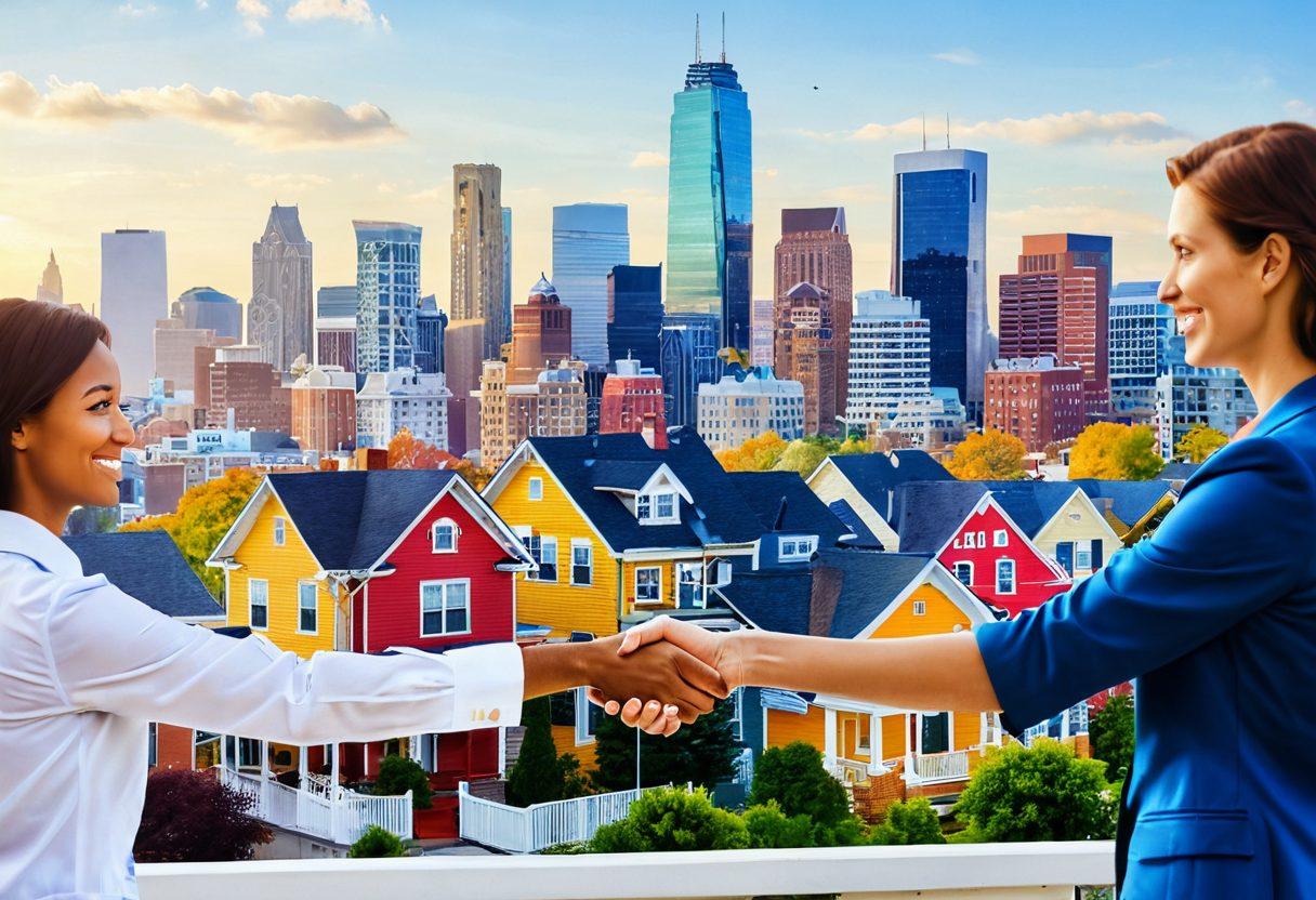 A vibrant city skyline with a blend of residential and commercial buildings, showcasing a 'For Sale' sign in front of a beautifully staged home. A cheerful realtor shaking hands with a diverse couple, symbolizing successful transactions. Elements like market graphs and dollar signs subtly incorporated in the background to represent property potential. Daylight atmosphere with bright colors. super-realistic. vibrant colors.