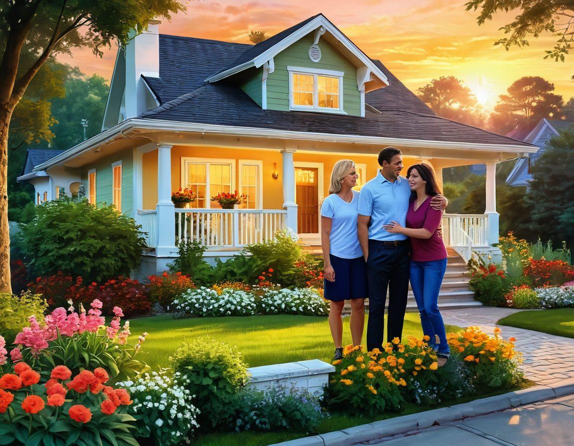A visually inviting landscape featuring a happy family embracing their new home, surrounded by lush greenery and vibrant flowers, with a warm sunset casting golden rays. Include an illustration of two friendly real estate agents pointing towards the house with joyful expressions, symbolizing guidance and support. Capture the essence of happiness and opportunity in buying and selling homes. bright colors. digital painting.